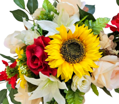 Žalni aranžma umetne sončnice, vrtnice, gladiole in dodatki 80cm x 50cm x 24cm