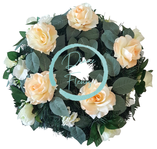 Smuteční věnec kruh s umělými růžemi, hortenziemi a doplňky Ø 50cm krémový, růžový, zelený