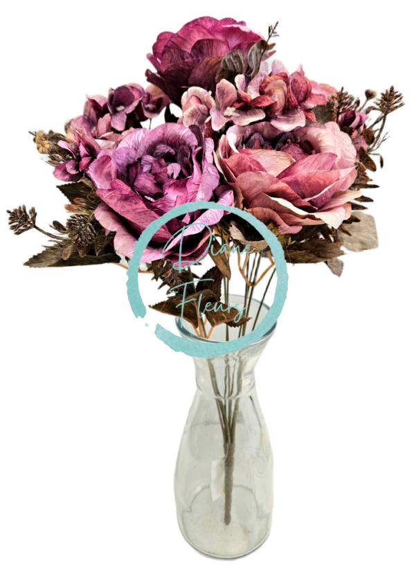 Artificial Roses & Hydrangea Bouquet 48cm Purple, Pink