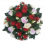 Wianek żałobny ze sztucznych róż i piwonii 44cm kolor czerwony, fioletowy, kremowy