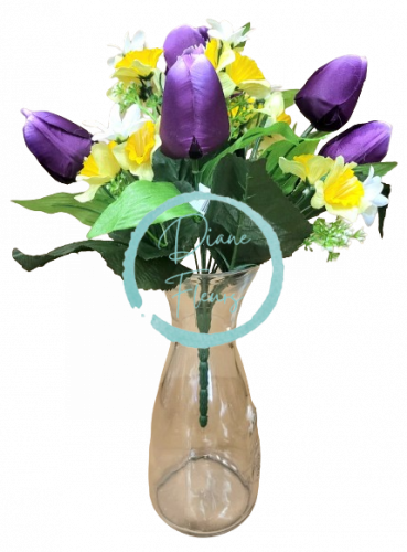 Buchet de lalele artificiale si zarnacadea x12 33cm violet, galben