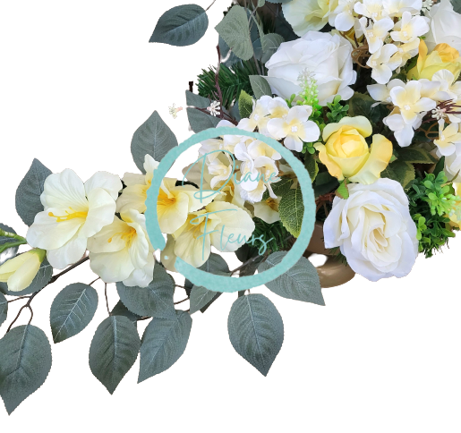 Krásný smútočný aranžmán exclusive betonka umelé ruže, hortenzie, gladioly a doplnky 100cm x 65cm