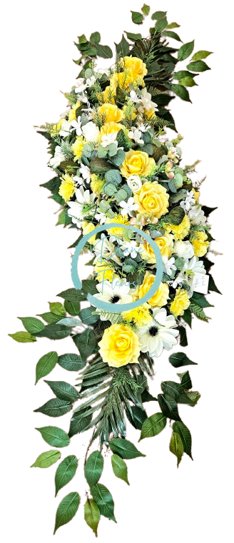 Smútočný veniec esíčko umelé ruže, karafiáty, clematis a doplnky 150cm x 50cm