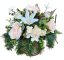 Žalni aranžma umetne lilije, hortenzije, vrtnice in dodatki O 30cm x 30cm