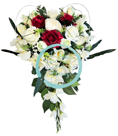 Luxusný aranžmán v tvare srdca umelé ruže, gladioly, pivonka a doplnky 48cm x 60cm x 20cm