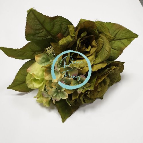 Růže & Hortenzie kytice zelená 26cm umělá