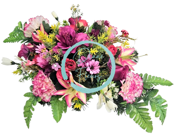 Trauergesteck aus künstliche Dahlia, Rosen, Lilien, Nelken und Zubehör 55cm x 40cm x 20cm