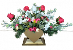 Un frumos aranjament în formă de inimă pentru cimitir de margarete artificiale, trandafiri, camelii si accesorii 70cm x 28cm x 35cm