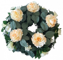 Smuteční věnec kruh s umělými růžemi, hortenziemi a doplňky Ø 50cm krémový, růžový, zelený