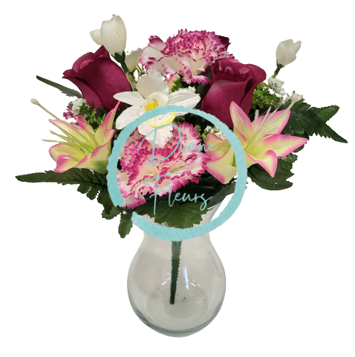 Buchet de trandafiri, garoafe, crini si orhidee x13 33cm burgundia, verde, crem flori artificiale