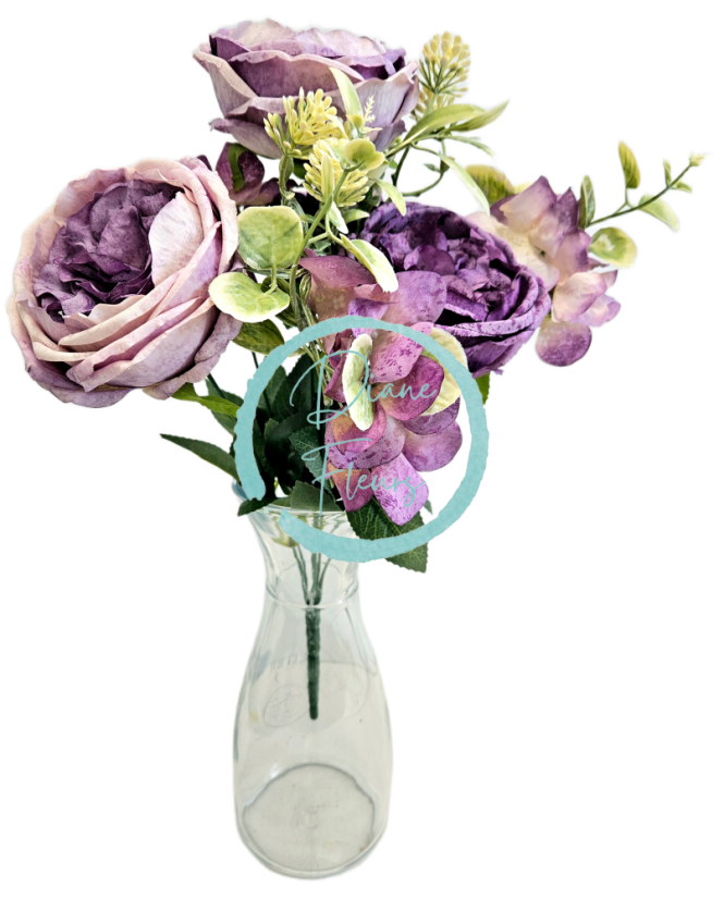 Изкуствен букет от божури, хортензии и аксесоари 42 см лилаво