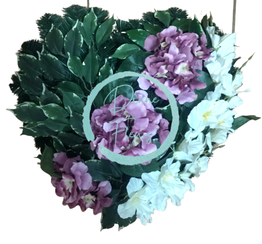 Krásný smútočný veniec "Srdce" s umelými hortenziami a gladiolami 55cm x 55cm