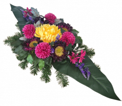 Trauergesteck aus künstliche Chrysanthemen, Gänseblümchen, Sonnenblume, Wildblumen und Zubehör 80cm x 35cm x 20cm