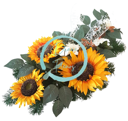Aranjament pentru cimitir de floarea soarelui artificiala, gerbere si accesorii 60cm x 32cm x 18cm