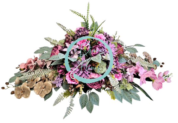 Veľký aranžmán umelé orchidey, ruže, gerbery, pivonky a doplnky 95cm x 45cm x 30cm
