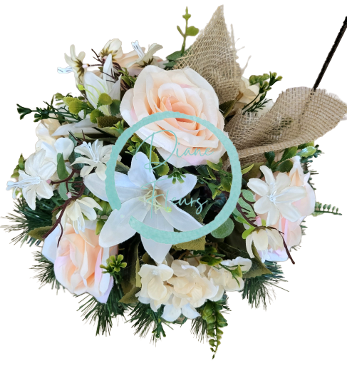 Sympathy arrangement made of artificial Lilies, Roses, Hydrangeas and Accessories Ø 30cm x 30cm