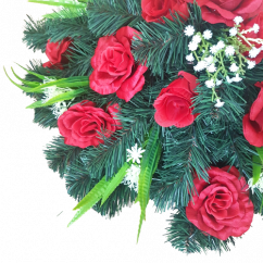 Smuteční věnec kruh s umělými růžemi a doplňky Ø 55cm červený