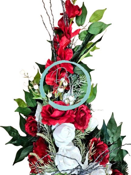Smútočný veniec esíčko umelé ruže, gladioly, listy poinsettie a doplnky 150cm x 40cm
