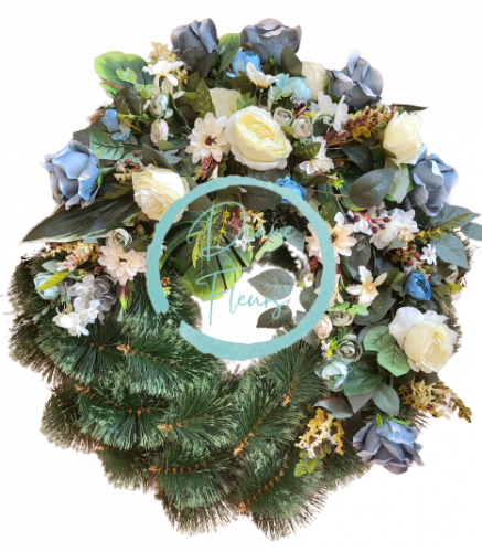 Luxusný smútočný veniec borovicový exclusive ruže, pivonky, kamélie, gerbery, monstera a doplnky 70cm x 80cm