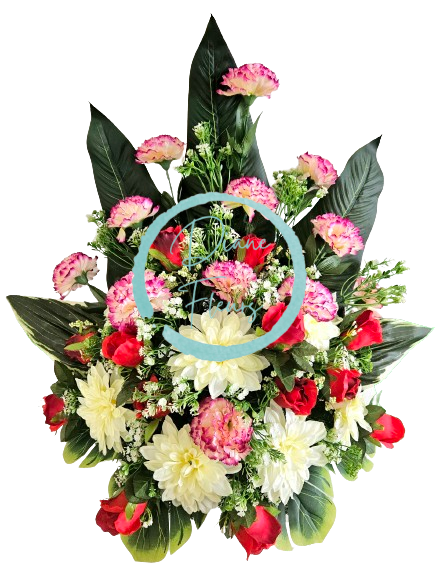 A beautiful sympathy arrangement made of artificial Carnations, Roses, Dahlias and Accessories 70cm x 45cm x 58cm