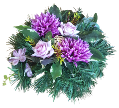 Kompozycja pogrzebowa sztucznych chryzantem i róż oraz akcesoria 28cm x 16cm