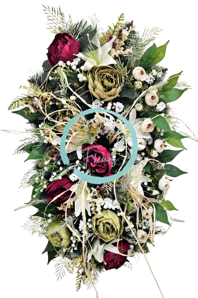 Luxusný smútočný veniec borovicový exclusive pivonky, ľalie, kamélie a doplnky 75cm x 45cm