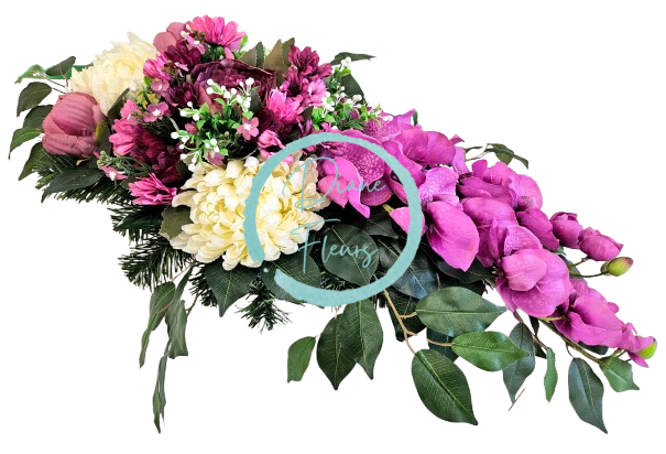 Luxury arrangement made of artificial chrysanthemums, peonies, daisies, orchids and accessories 78cm x 30cm x 24cm