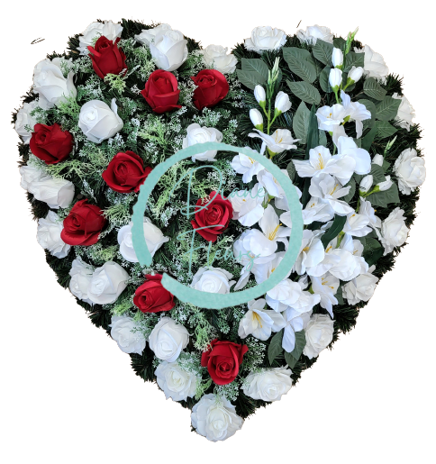 Temetési koszorú "szív" rózsák és kardvirág 80cm x 80cm
