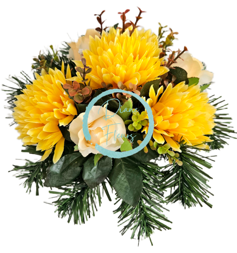 Kompozycja pogrzebowa sztuczne chryzantemy, róże i dodatki 28cm x 18cm AS1088
