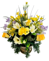 Trauergesteck aus künstliche Nelken, Rosen und Zubehör Ø 40cm x 40cm