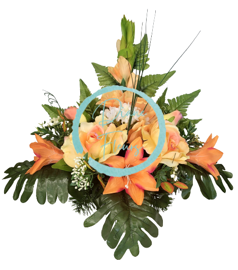 Smútočný aranžmán betonka umelé ruže, gladioly a doplnky 45cm x 22cm x 35cm