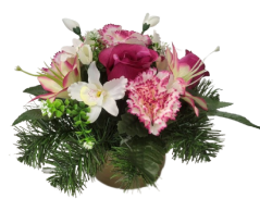 Aranjament pentru cimitir de garoafe artificiale, trandafiri, orhidee, crini și accesorii Ø 30cm x 20cm