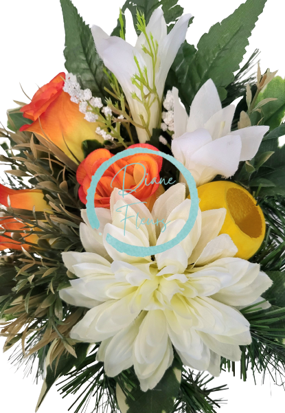 Smútočný aranžmán betonka umelé ruže, ľalie, dahlia a doplnky Ø 28cm x 15cm