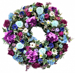 Coroană artificială de pin de lux Decorată exclusiv cu Trandafiri, Hortensii, Bujori și accesorii 90cm