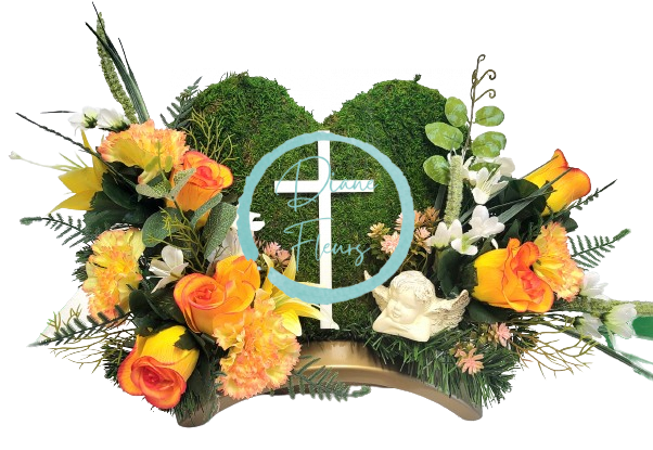 Sympathy arrangement made of artificial Roses, Carnations, Mossy wreath, Angel and Accessories 46cm x 20cm x 28cm