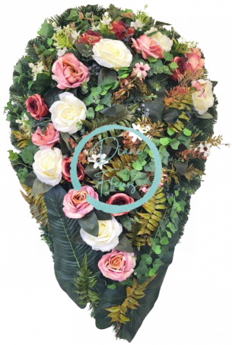 Pogrebni venec "Solza" vrtnice, marjetice, praprot in dodatki 100cm x 60cm