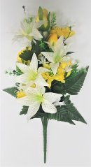 Kytice Lilie & Růže & Dahlie x12 47cm bílá & žlutá umělá