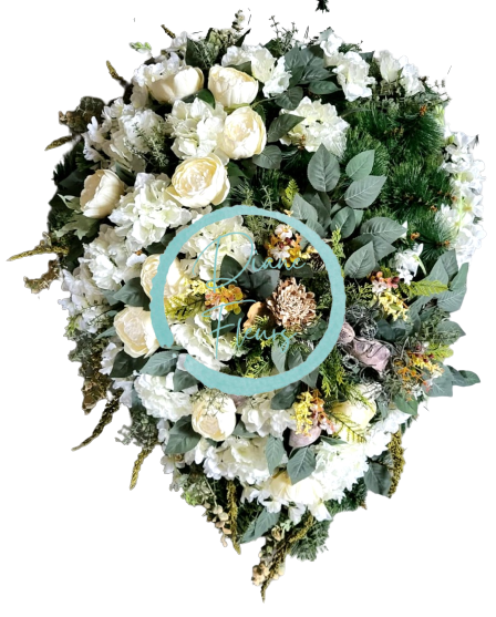 Smuteční věnec borovicový exclusive pivoňky, hortenzie a doplňky 100cm x 80cm AS579