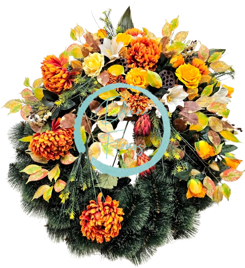 Luxusný smútočný veniec borovicový exclusive ruže, ľalie, chryzantémy a doplnky 90cm