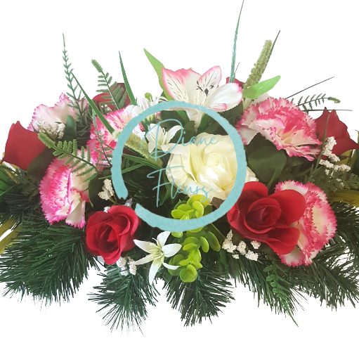 Aranjament pentru cimitir de lux de trandafiri artificiali, garoafe si accesorii 60cm x 30cm x 25cm