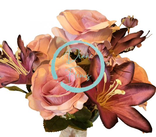Buket ruža, tratinčica i ljiljana x7 ljubičasta, ružičasta 44cm umjetni