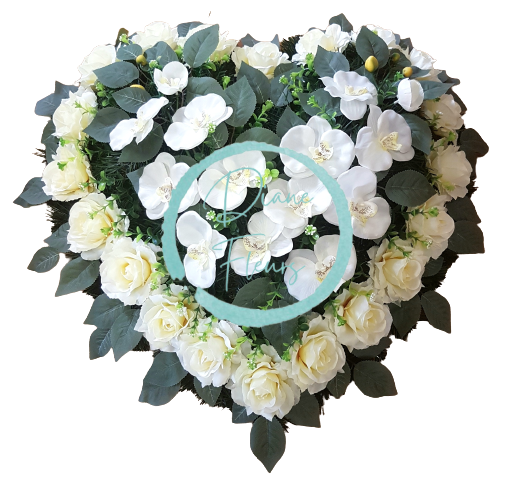 Temetési koszorú "szív" rózsák és orchideák 60cm x 60cm krém, fehér