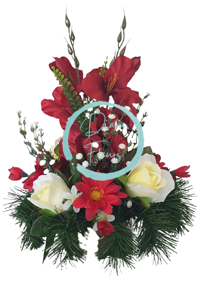 Smuteční aranžmán betonka exclusive umělá růže, gladiola a doplňky Ø 27cm x 32cm