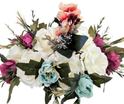 Sympathy arrangement made of artificial Peonies, Roses and Accessories 36cm x 28cm x 22cm