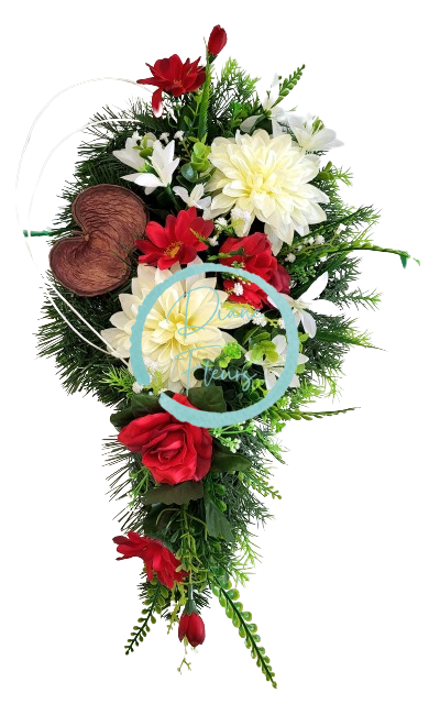 Composizione funebre in cemento con rose artificiali, dalie, margherite e accessori 60 cm x 30 cm x 20 cm AS742