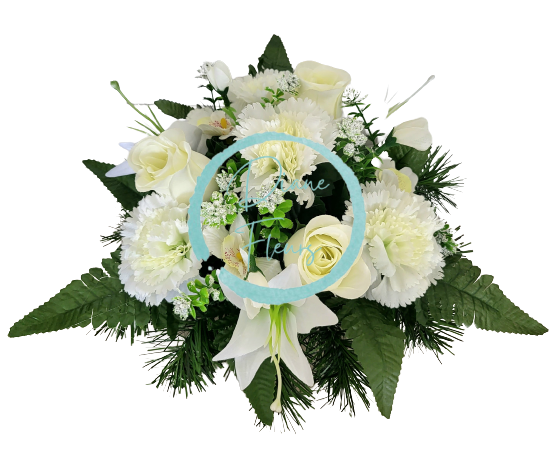 Aranjament pentru cimitir de garoafe artificiale, trandafiri, orhidee, crini și accesorii Ø 30cm x 20cm