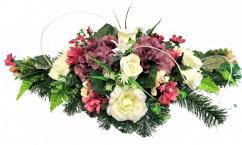 Trauergesteck aus künstliche Rosen, Hortensien und Zubehör 62cm x 30cm x 20cm