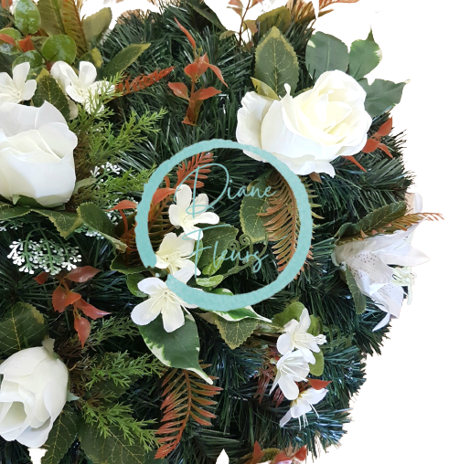 Artificial Wreath Heart Shaped with Roses, Lilies and accessories 65cm x 65cm Cream, Green, Brown