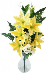 Umělá kytice plochá růže, lilie a doplňky x18  74cm x 35cm žlutá
