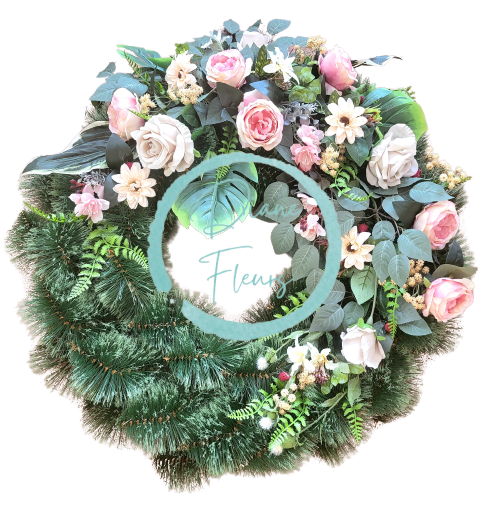 Luxusný smútočný veniec borovicový exclusive ruže, pivonky, hortenzie, gerbery a doplnky 80cm x 90cm